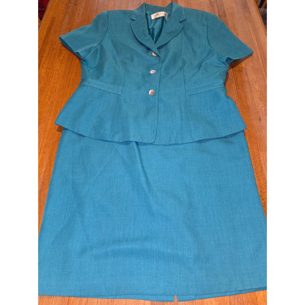 Adolfo Suits Women 14 2 Pc Teal Blue Short Sleeve Blazer Pencil Skirt Suit Set